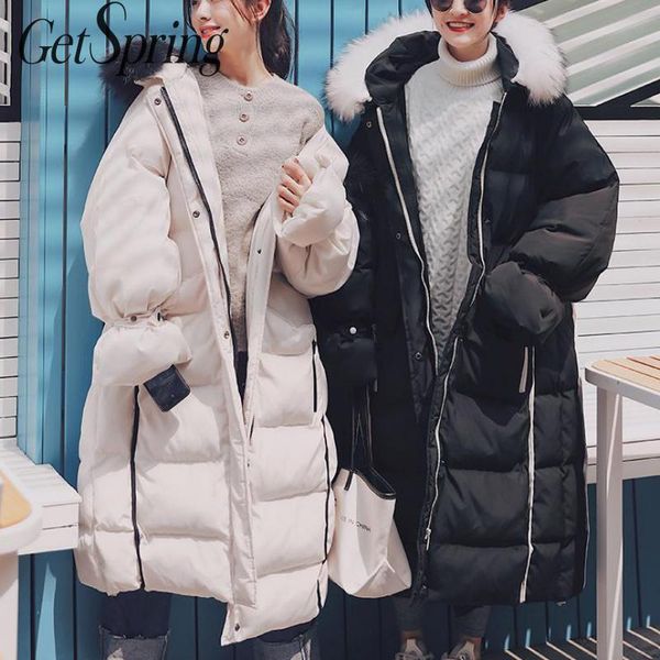 

getspring women parka hooded fur patchwork black white women parka winter outwear jacket coats plus size long coats 2019 fashion