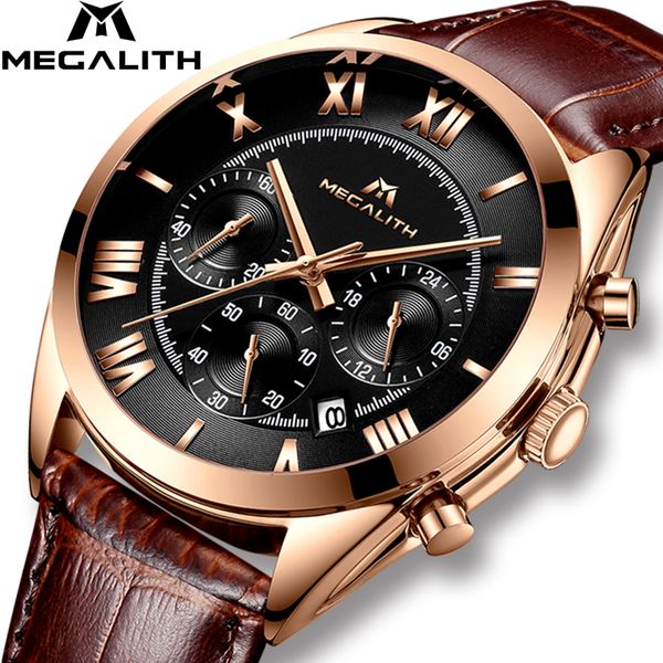 

megalith men's fashion luxury watch waterproof chronograph date calendar sport quartz watches mens brown leather wristwatches, Slivery;brown