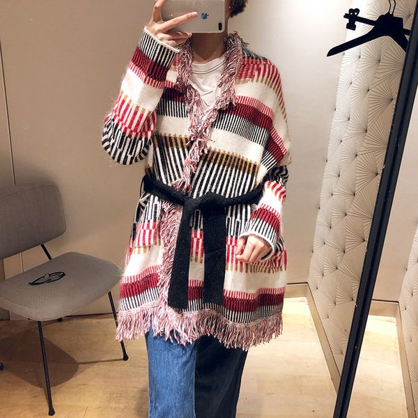 

women sweater 2018 fall winter colorblock striped knitted cardigan jacket, White