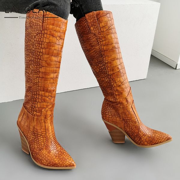 

lapolaka knee high boots woman fashion autumn winter strange high heels slip on boots woman plus size 33-46, Black