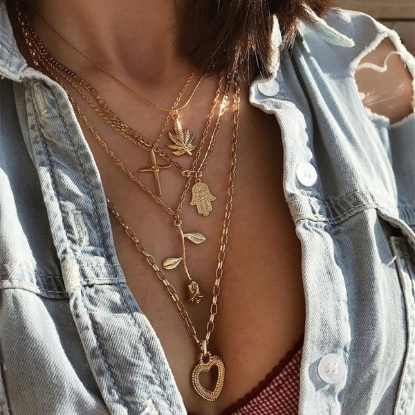 

bohemian multilayered leaf rose flower cross heart pendant necklace for women gold color necklace jewelry gifts, Silver