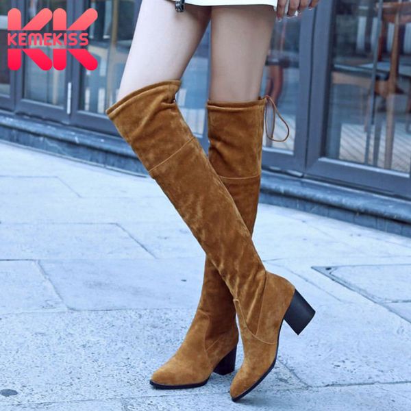 

kemekiss thigh high boots women plus size 32-48 pointed toe fashion square heel stretch shoes women winter keep warm long botas, Black