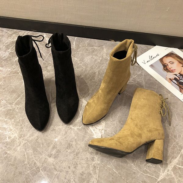 

pointy boot boots flat platform women shoes autumn chunky heel luxury designer booties ladies lace up boots-women winter, Black