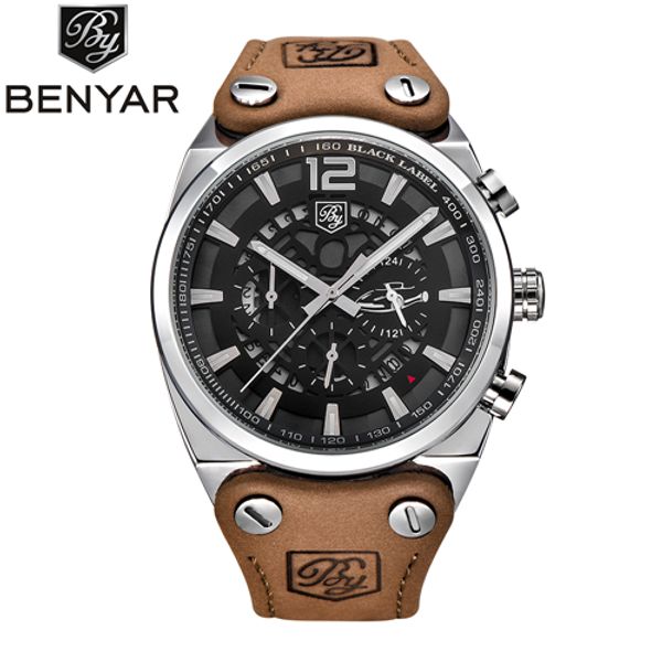 

relogio masculino benyar watches men's fashion waterproof chronograph sport quartz wrist watch leather clock men saat, Slivery;brown