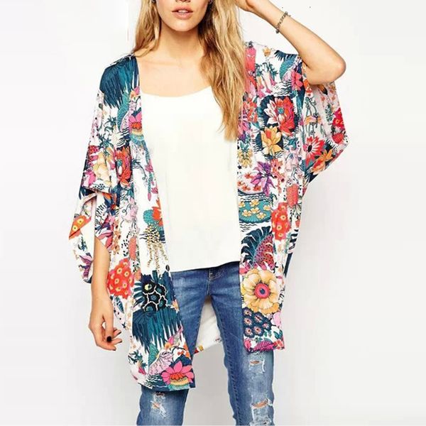 

ladies designer blouses for women regular women summer kimono print floral blouses loose type chiffon regular floral bohemian blouse, White