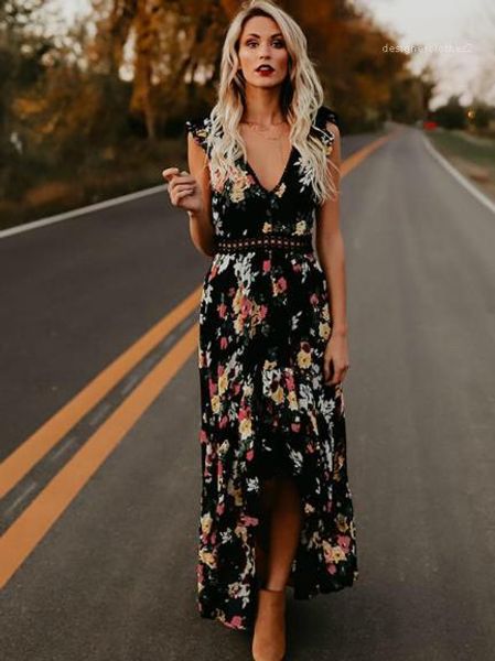 

dresses womens designer dresses floral print v neck hollow out long dress summer casual holiday panelled lace, Black;gray