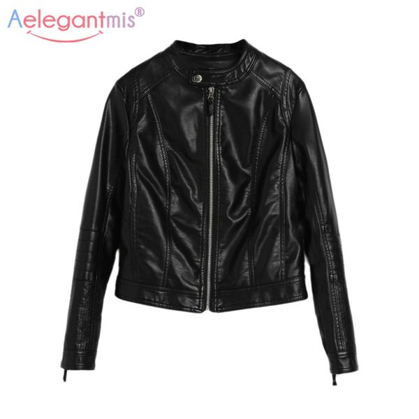 

aelegantmis brand new women's classic pu faux leather jacket slim short moto biker bomber jacket coat plus size outerwear, Black