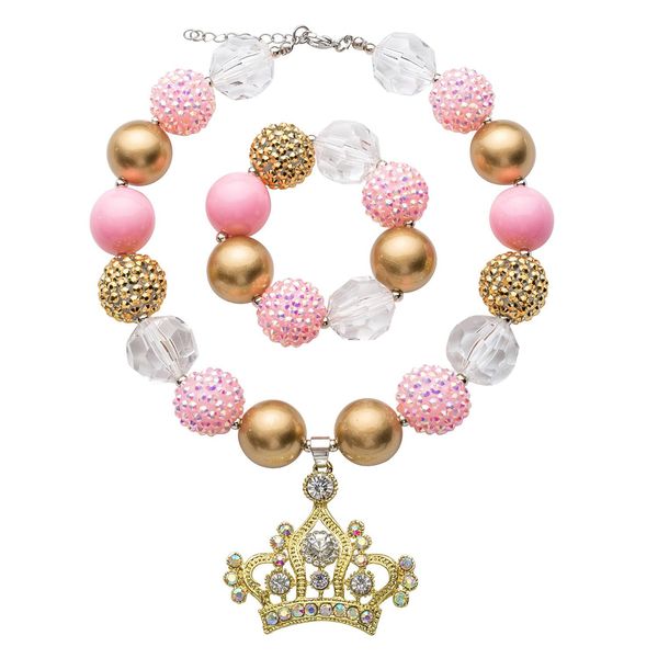 Set di braccialetti per collana con ciondolo a forma di corona di colore rosa Set di gioielli per bambini in collana di perle di gomma da masticare stile Halloween per bambine