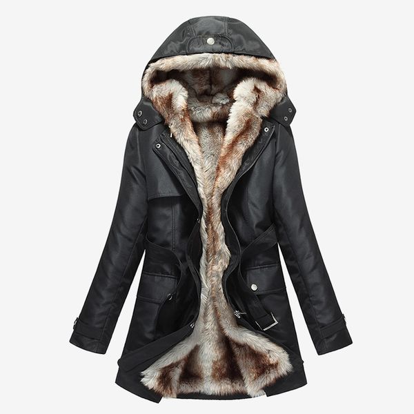 

winter hooded thicken women's parka jacket removable faux fur liner sashes belt parkas female 2018 autumn warm medium-long coat, Tan;black