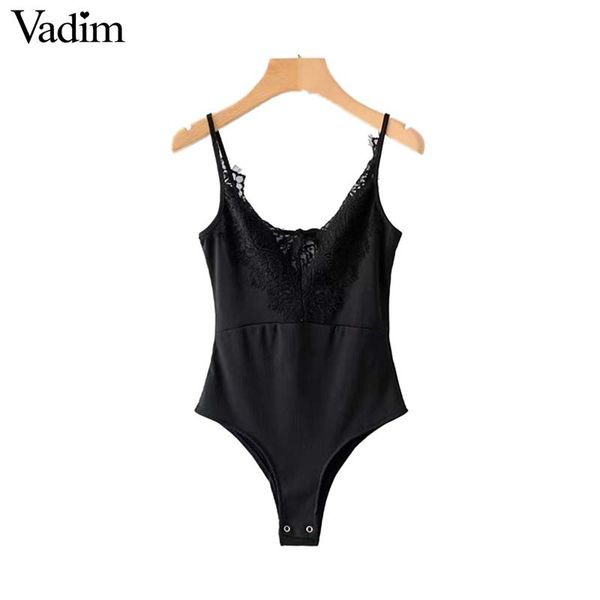 

vadim women v neck lace patchwork shiny bodysuits spaghetti strap sleeveless backless solid rompers female casual ka794, Black;white