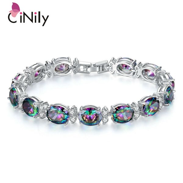 

cinily rainbow mystic zirconia chain bracelet silver plated big oval clear cz crystal stone strand tennis bangle party jewelry, Golden;silver