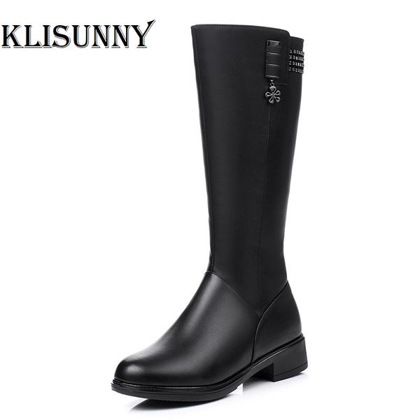 

women winter long boots genuine leather female boots high-heeled women long wool lined warm snow lady fashion shoes, Black
