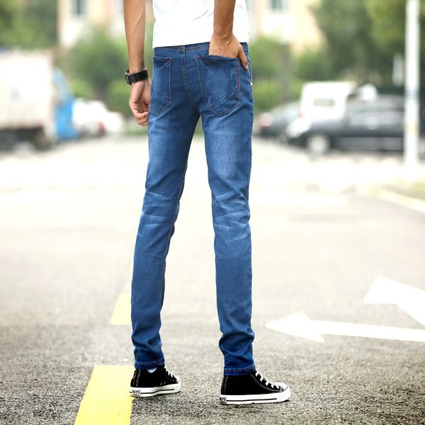 

2017 autumn and winter new style men's jeans korean-style slim fit elasticity teenager skinny pants boy's thick-boot pants, Blue
