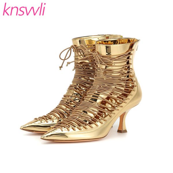 

new runway high heels ankle boots women cross tied pointed toe shoes woman gold black kitten heel short boots zapatos de mujer