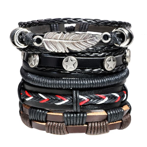 

mens bracelets 2018 vintage woven leather bracelet leaf star combination 5 piece set gifts for men jewelry charm holiday gifts, Black