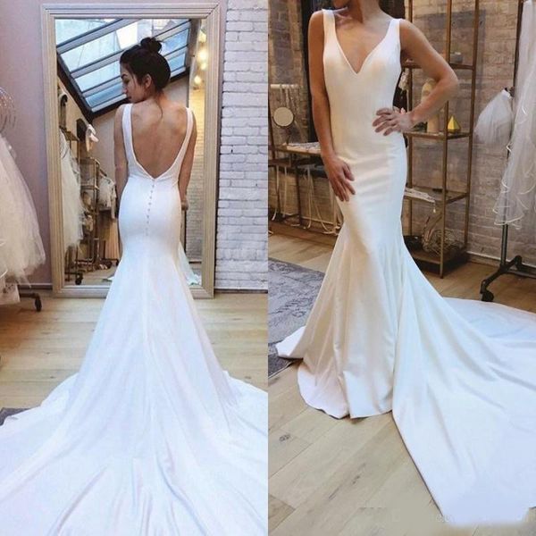 

2020 charming mermaid wedding dresses deep v-neck trumpet backless satin wedding bridal gowns custom made, White
