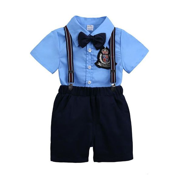 Desconto de roupas de menino Conjunto de roupas Cavalheiro Moda de verão Camisa azul + shorts roupas de bebê para festa de casamento