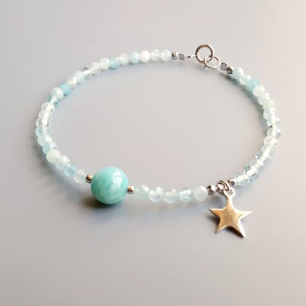 

lii ji real larimar natural aquamarine bracelet 925 sterling silver 18k gold plated star charm delicate bracelet for women, Golden;silver