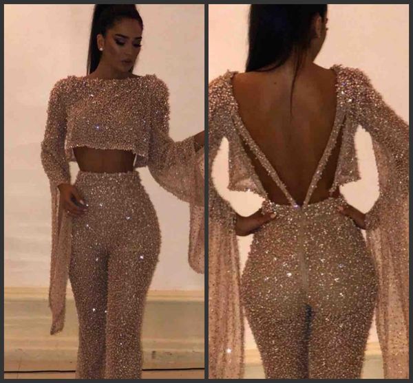 

2019 new fake two pieces long sleeves sequins prom dresses sparkling and pants long vestidos de festa party evening gowns, Black