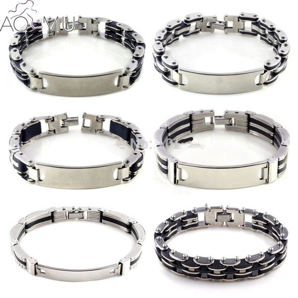

aomu fashion men's rubber stainless steel chain bracelets & bangles jewelry cuff wristband rock man pulseiras, Black