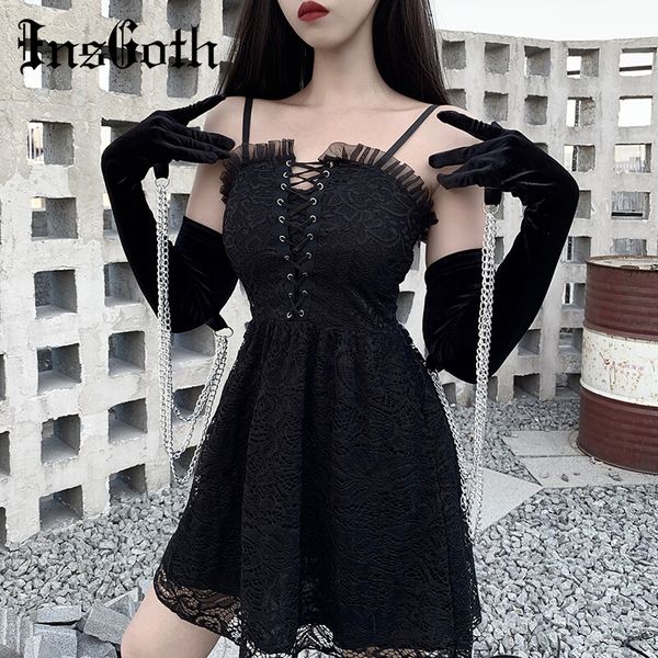 

insgoth full finger women black gloves winter warm mittens metal chain gothic party elegant women black solid long mittens, Blue;gray