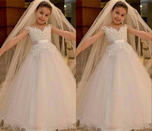 

romantic pearls lace flower girls dresses sheer neck princess tulle applique wedding dress for kids first communion dress, White;blue