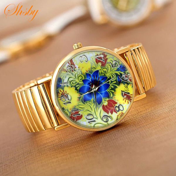 

shsby gold elastic stainless watches women dress quartz wristwatch new arrival ladies flower watches, Slivery;brown