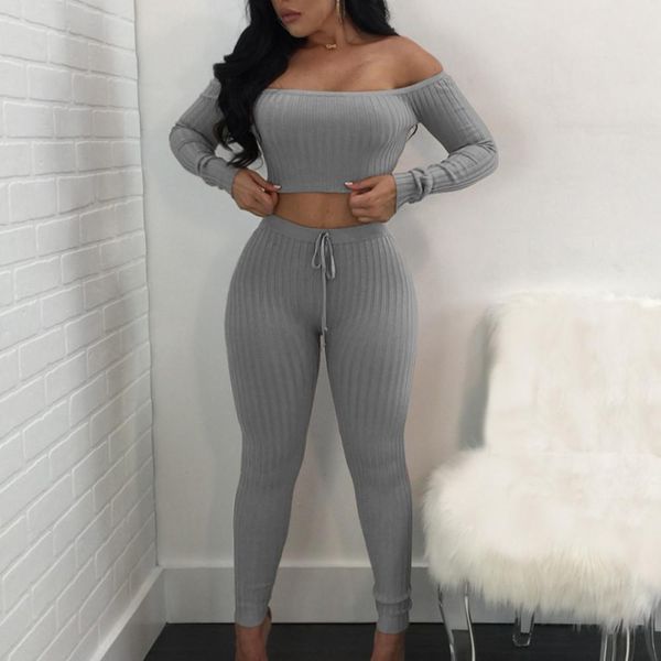 

solid slash neck long sleeve two piece set drawstring off shoulder women tracksuit bodycon long pants women suits s-2xl, Gray