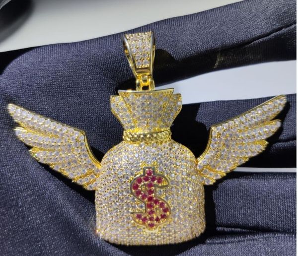 

хип-хоп медь камень установка bling обледенелое крыло ангела доллар сша кошелек мешок денег подвески ожерелья для мужчин рэпер ювелирные изд, Silver