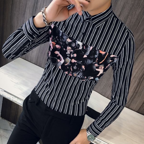 

stripe splicing a2019 new winter british men long sleeve shirts, han edition cultivate morality shirt/cs05 301 - a - 1, White;black