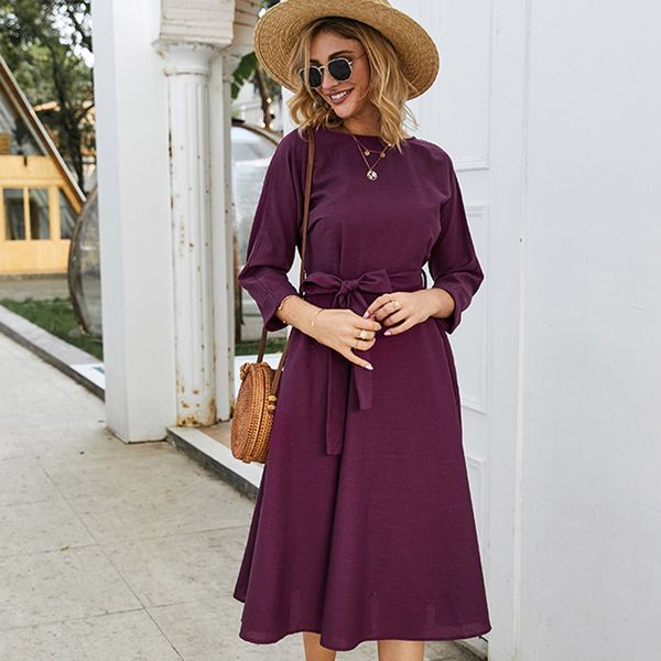 

women's dress base dress round collar waist tie mid-length skirt, Black;gray