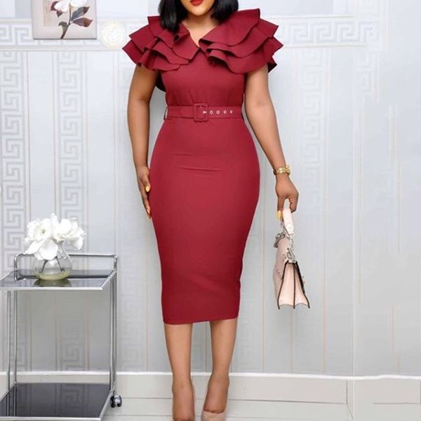 

summer plus size elegant party dress women 2019 wine red short sleeve ruffle robe vintage ladies split bodycon midi dresses, Black;gray