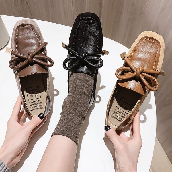 

winter shoes women slip-on women's moccasins female footwear square toe casual sneaker shallow mouth modis autumn bow-knot slip, Black