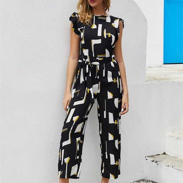 

2019 лето черной печати комбинезон женщина streetwear o-образный вырез ruffles рукав карманных повседневной rompers женщина пояс общая комби, Black;white