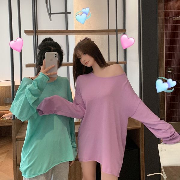 

candy-colored design hong kong-style off-the-shoulder net red loose slim-looking underclothes disappear long-sleeved sunscreen t-shirt for w, White