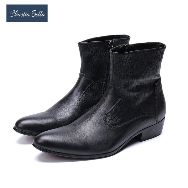 

christia bella autumn simplicity solid men shoes genuine leather boots fashion pointed toe boots big size zipper ankle, Black