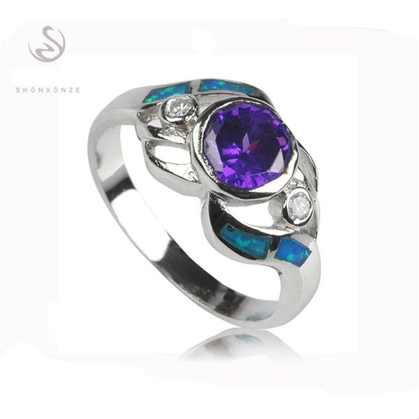 

shunxunze charms wedding rings jewelry & accessories for women bohemia blue cubic zirconia with blue opal rhodium plated r155 size 6 7 8 9, Silver