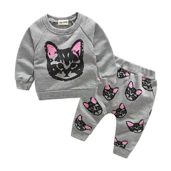 

girls korean cartoon cat print cotton sweater casual harem pants two sets k1, White