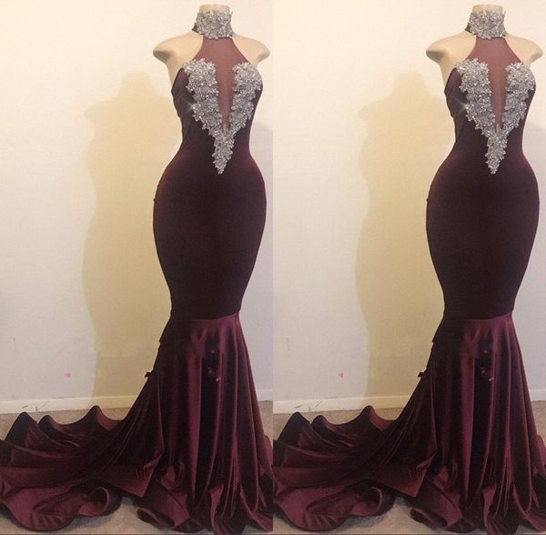 

dark red high neck mermaid evening dresses blingbling silver appliques halter long prom party dress girls formal wear bc1144, Black;red