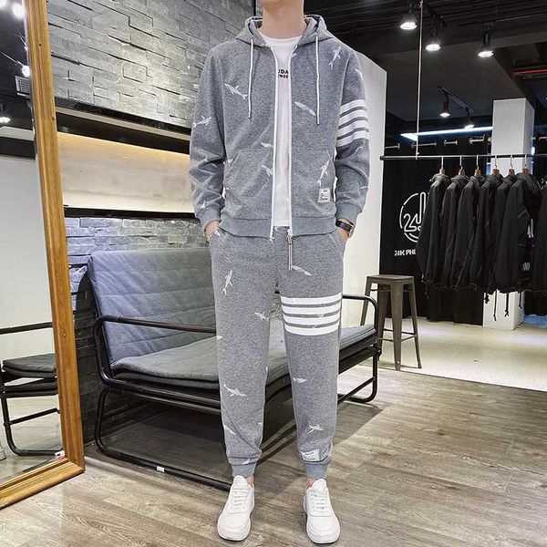 

2020 autumn men hoodies pants 2pcs/sets sweatshirt cardigan long sleeve gyms fitness trousers joggers sportswear tracksuits, Gray