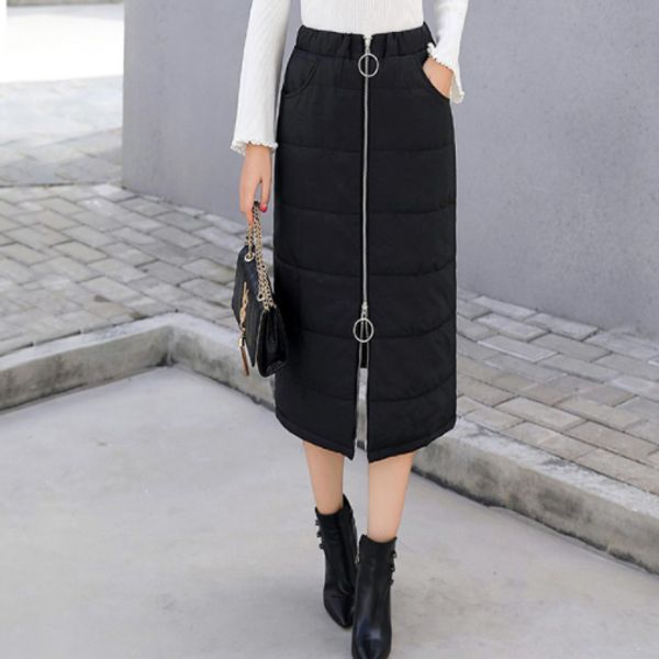 

faldas mujer moda 2019 elastic waist down cotton pencil skirts women winter zipper long skirt black saia longa female av684, Black;gray