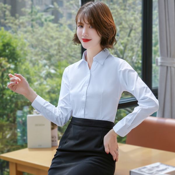

women's blouses & shirts women dress long sleeve asian size business female casual pure color solid boutique wholesale, White