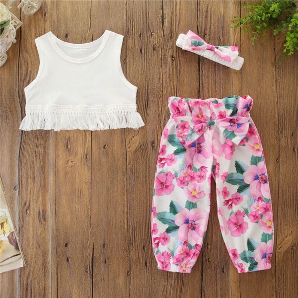 

3pcs kids baby girls summer clothes t-shirt floral bowknot pants outfits, White