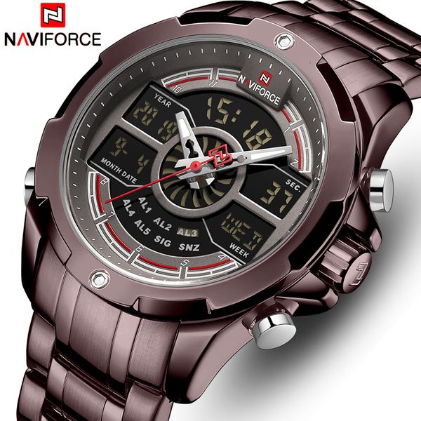 

naviforce men watch brand stainless steel mens watches analog digital quartz wristwatch men sports clock relogio masculino cj191213, Slivery;brown