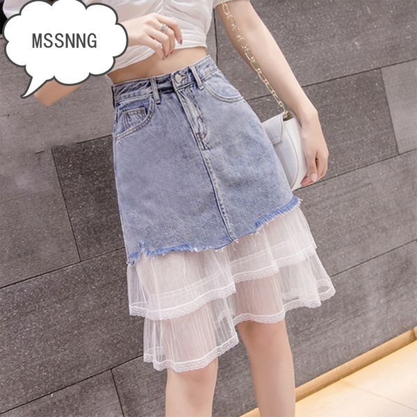 

mssnng fashion wild stitching denim skirt mesh lace lace denim slim slimming blue skirt 2019 summer new style s-2xl, Black