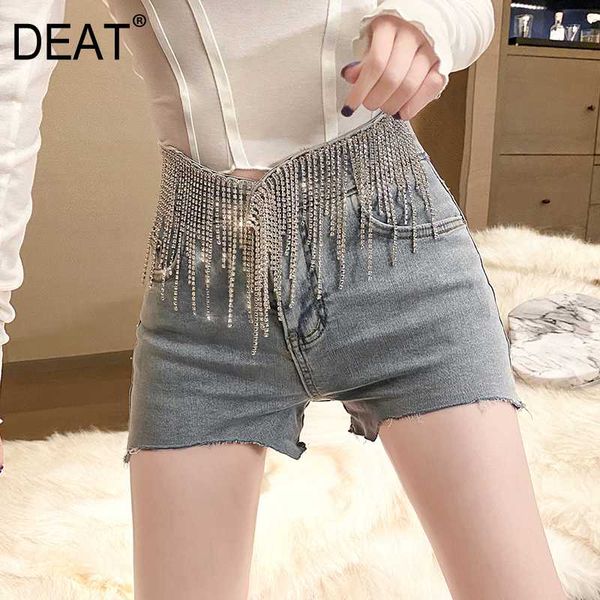 

women's jeans deat 2021 summer fashion casual patchwork high waist button tassel diamond slim wide leg denim shorts women sb963, Blue