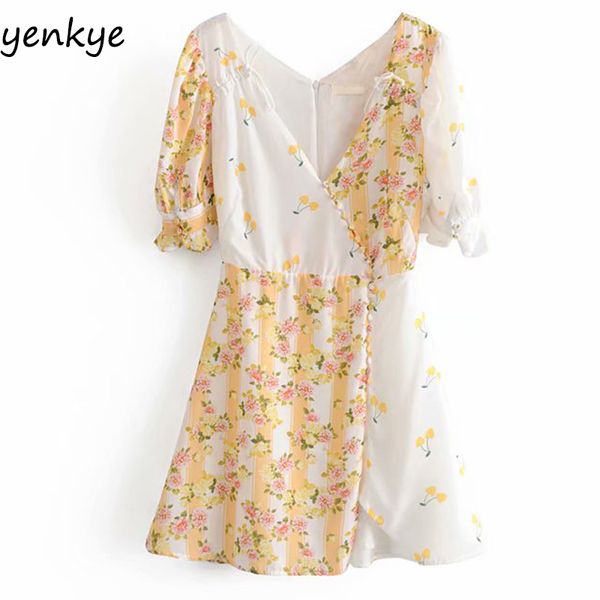 

sweet women floral print patchwork summer dress female v neck short sleeve a-line mini dress ljpz8830, Black;gray