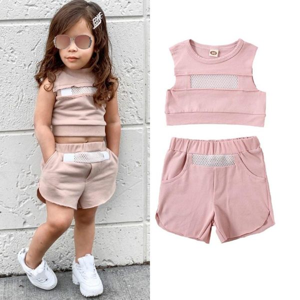 

clothing sets 2021 summer fashion baby girls clothes pink net sleeveless pullover vest +shorts 2pcs, White