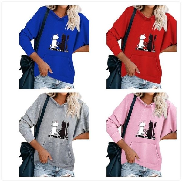 

cute cat printed hoodie sweatshirt 2019 women fashion loose pocket drawstring sweatshirts plus size autumn casual sport pullover, Black
