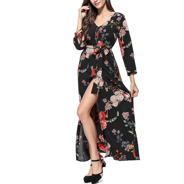 

summer dress 2019 summer dress 2019 women fashion floral print slim wrapped long sleeve evening party dresses, Black;gray